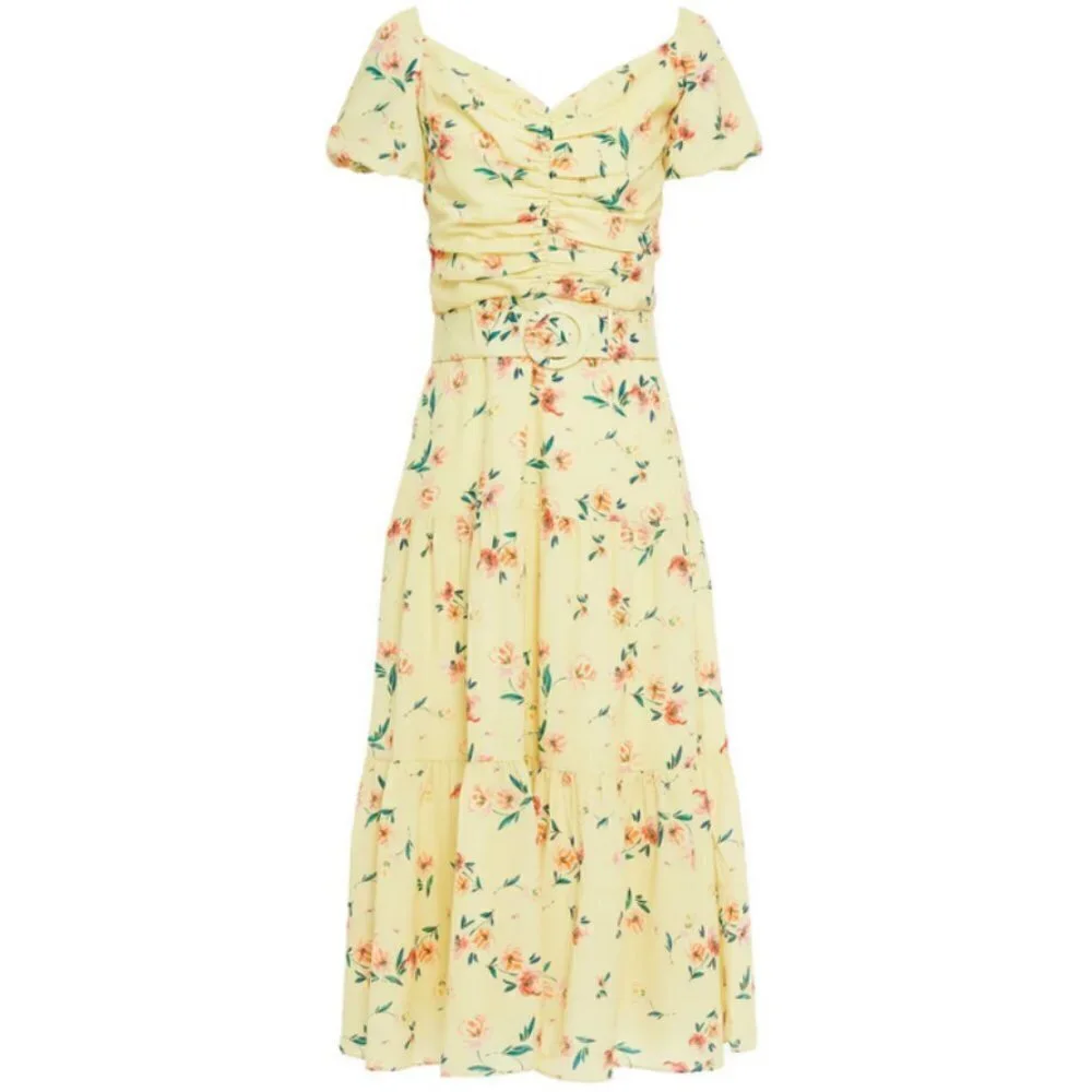 💕PALOMA BLUE💕 Evie Gathered Floral-Print Crepe Midi Dress Yellow Medium M NWOT - Picture 4 of 16